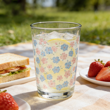 Ditsy Floral Glass Tumbler in Pink & Blue