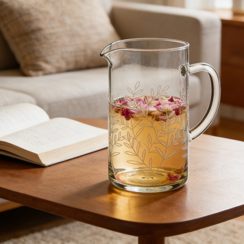 Tall Clear Leaf Etched Glass Pitcher