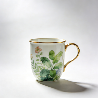 Watercolour Greenery Porcelain Mug with Gold Trim