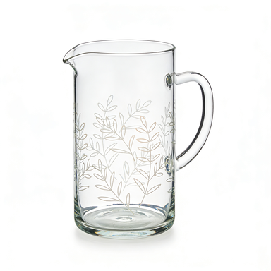 Tall Clear Leaf Etched Glass Pitcher