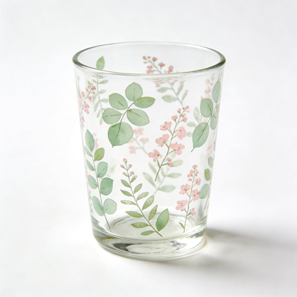 Watercolour Eucalyptus & Pink Blossom Glass Tumbler