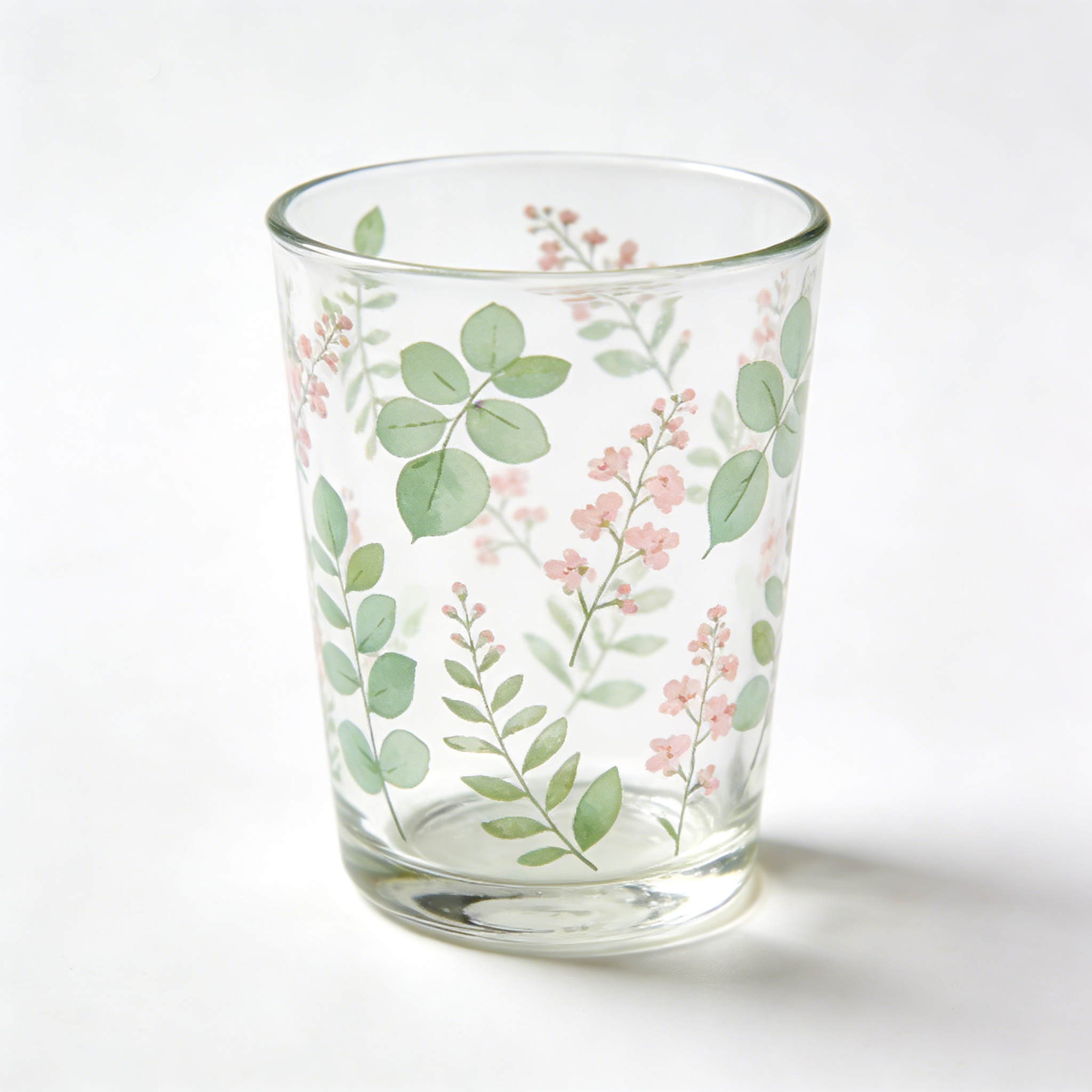 Watercolour Eucalyptus & Pink Blossom Glass Tumbler